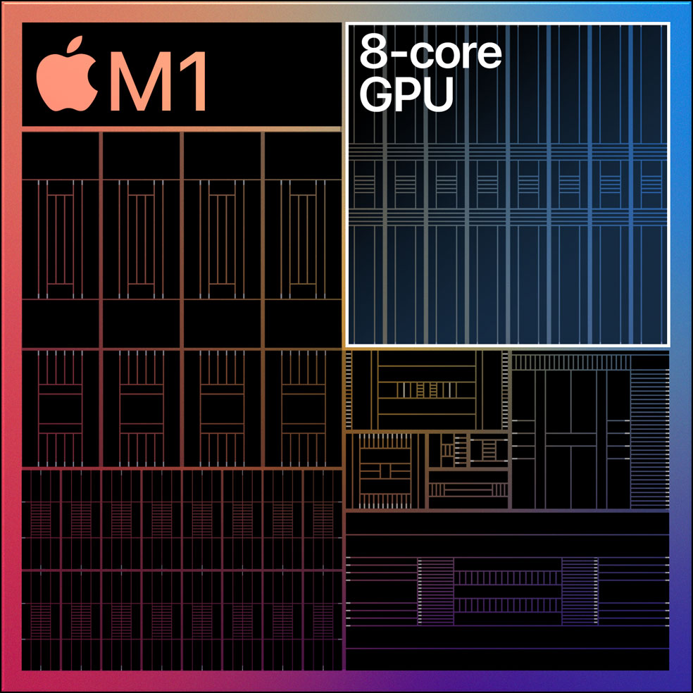 Line drawing image of Apple's M1 with the Graphical Processing Unit outlined.