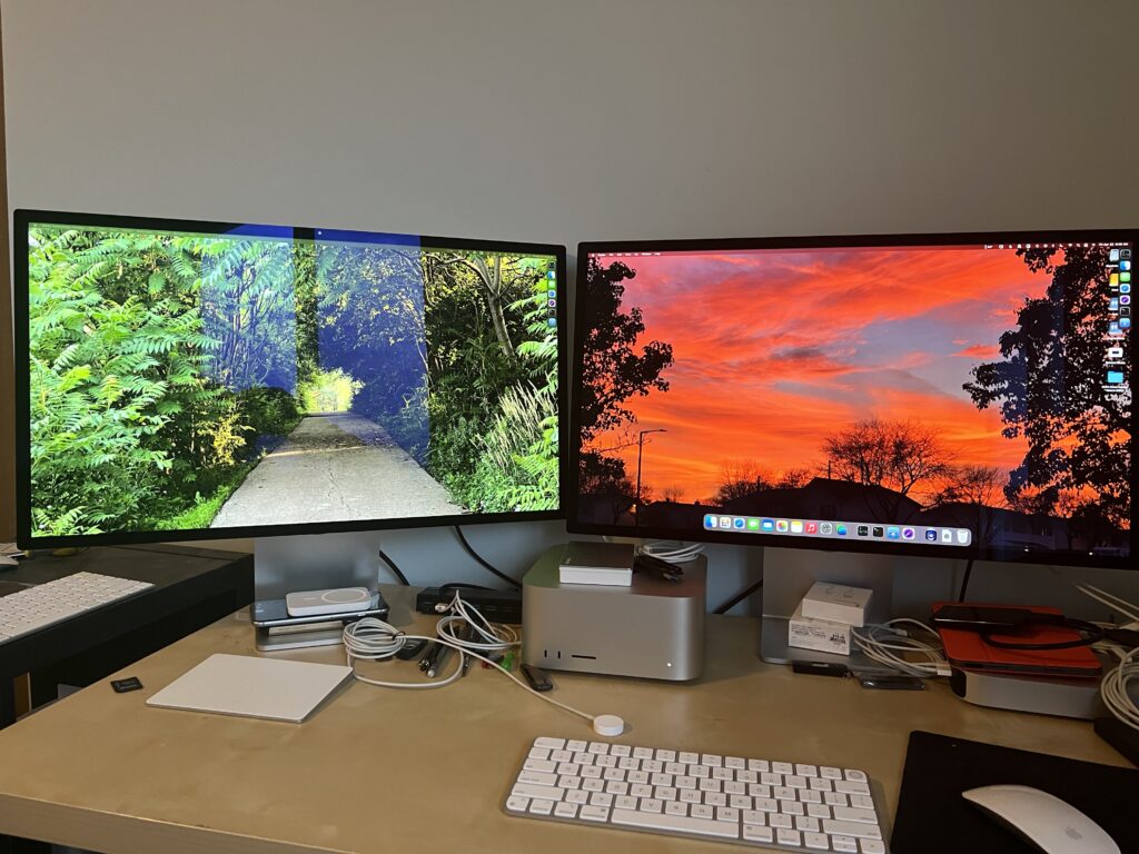 Dual Apple Studio Displays connected to a Mac Studio